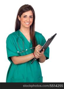 Atractive medical girl with a clipboard isolated on white background