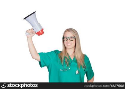 Atractive medical girl with a megaphone isolated on a white background