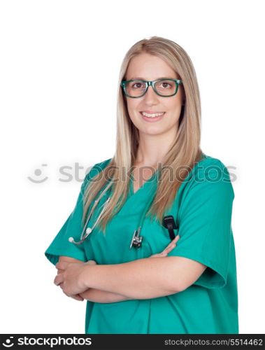Atractive medical girl with glasses isolated on a white background