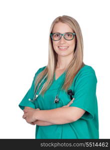 Atractive medical girl with glasses isolated on a white background