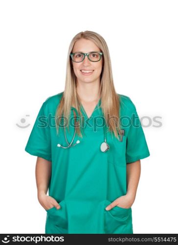 Atractive medical girl with glasses isolated on a white background