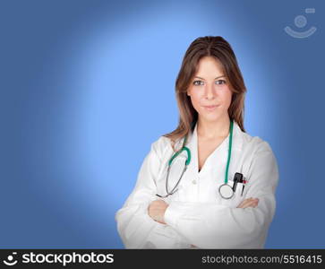 Atractive medical with arms crossed on blue background