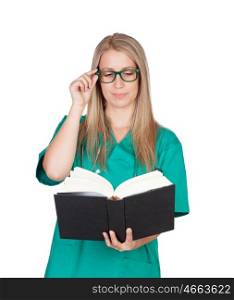 Atractive medical with glasses reading a book isolated on a white background