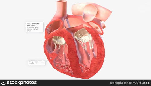 Atrial Septal Defect, Blood Flow 3D rendering. Atrial Septal Defect, Blood Flow