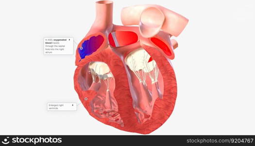 Atrial Septal Defect, Blood Flow 3D rendering. Atrial Septal Defect, Blood Flow