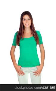 Atrractive young girl in green isolated on a white backgrund