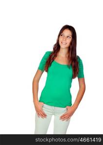 Atrractive young girl in green isolated on a white backgrund