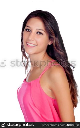 Atrractive young girl in pink isolated on a white backgrund