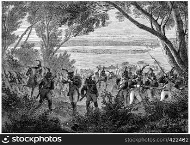 Attack and capture of the island of Lobau, vintage engraved illustration. History of France ? 1885.