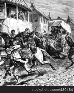 Attack in Mongolia, were five hundred and we were five, vintage engraved illustration. Journal des Voyages, Travel Journal, (1879-80).