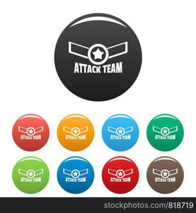 Attack star team icons set 9 color vector isolated on white for any design. Attack star team icons set color