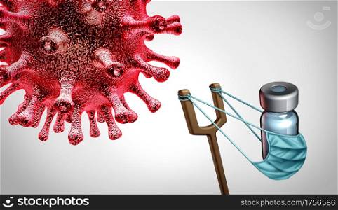 Attacking the virus and fighting the pandemic or epidemic infection with the vaccine as a health concept and disease control vaccination or flu and coronavirus control as a slingshot with medicine as a 3D render.