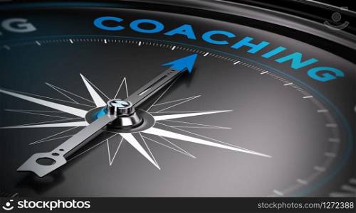 Attain personal goals, personal trainer concept. Conceptual Compass with needle pointing to the word coaching.. Coaching