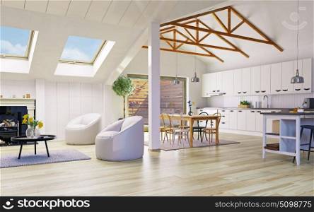 Attic floor apartment design. 3d illustration concept