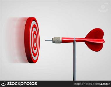 Attract success and business law of attraction strategy as a bulls eye target flying and gravitating towards a static dart as a metaphor for bringing clients to you as a 3D illustration.
