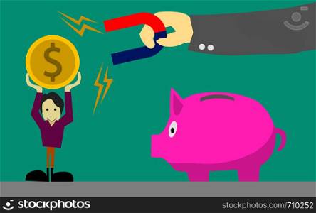 Attracting Money to piggy bank, 3D rendering