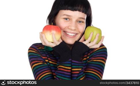 Attractive adolescent with apples in the hands a over white background