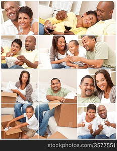 Attractive African American family and couple mother, father, son, man and woman at home having fun relaxing, eating, sitting, smiling, drinking wine, unpacking or packing boxes