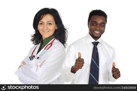 Attractive african businessman and pretty doctor girl isolated over white