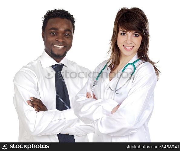 Attractive african businessman and pretty doctor girl isolated over white