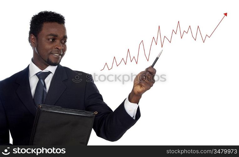 Attractive african businessman with grafic on a over white background