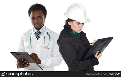 Attractive african doctor and pretty businesswoman isolated over white