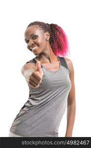 Attractive african fitness woman in sport clothes gesturing thumbs up isolated on white background