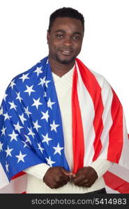 Attractive african man with a American flag isolated on a over white background
