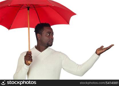 Attractive african man with a red umbrella isolated on a over white background