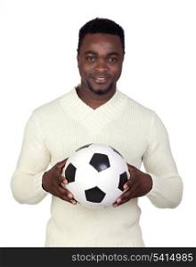 Attractive african man with a soccer ball isolated on a over white background
