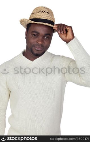 Attractive african man with a straw hat isolated on a over white background