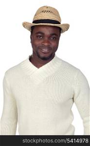 Attractive african man with a straw hat isolated on a over white background