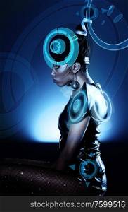 Attractive african woman with hologram on head