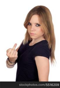 Attractive aggressive woman making an insulting gesture isolated on white background