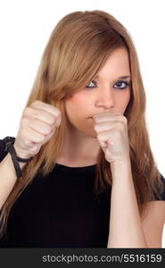 Attractive aggressive woman with black shirt isolated on white background