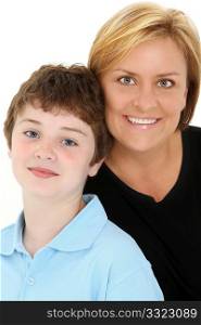 Attractive American mother and son portrait over white background.