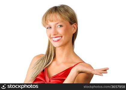attractive and smiling woman presenting a virtual product on her hand