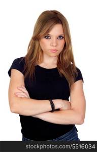 Attractive angry woman with black shirt isolated on white background