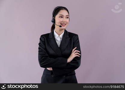 Attractive asian female call center operator with happy smile face advertises job opportunity on empty space, wearing a formal suit and headset on customizable isolated background. Enthusiastic. Attractive Asian operator with formal suit and headset. Enthusiastic