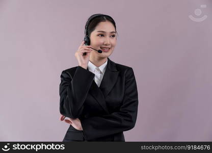 Attractive asian female call center operator with happy smile face advertises job opportunity on empty space, wearing a formal suit and headset on customizable isolated background. Enthusiastic. Attractive Asian operator with formal suit and headset. Enthusiastic