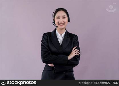 Attractive asian female call center operator with happy smile face advertises job opportunity on empty space, wearing a formal suit and headset on customizable isolated background. Enthusiastic. Attractive Asian operator with formal suit and headset. Enthusiastic