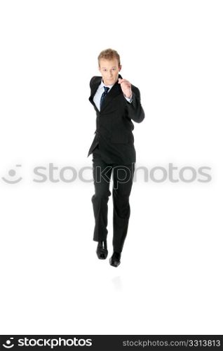Attractive athletic businessman running, isolated on white background.