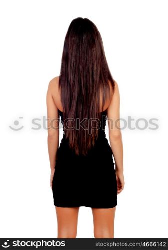 Attractive back brunette girl with long hair isolated on a white background