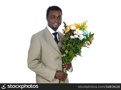 Attractive black man with bunch of flowers