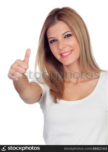 Attractive blond girl saying Ok isolated on a white background