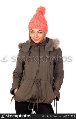 Attractive blond girl with winter clothes isolated on white background