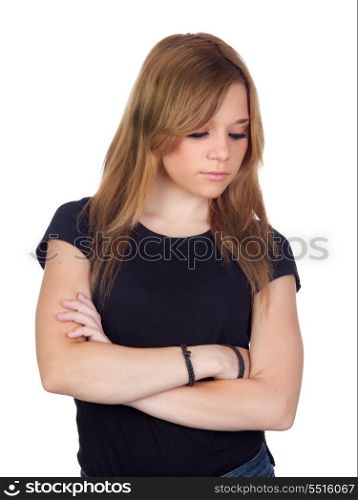 Attractive blond woman with black shirt saddened isolated on white background