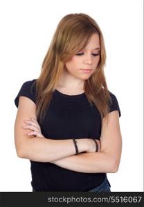 Attractive blond woman with black shirt saddened isolated on white background