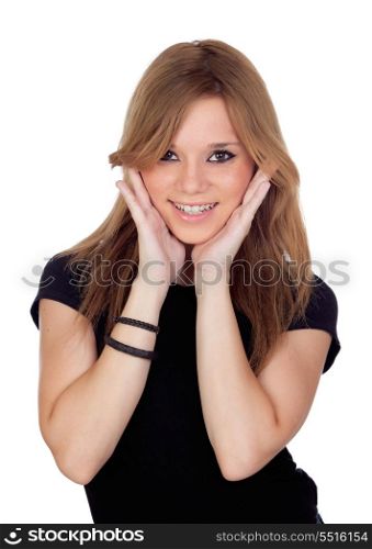 Attractive blond woman with black shirt saying a secret isolated on white background