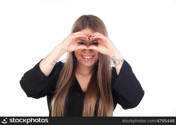 Attractive blonde girl looking through her hands isolated on a white background